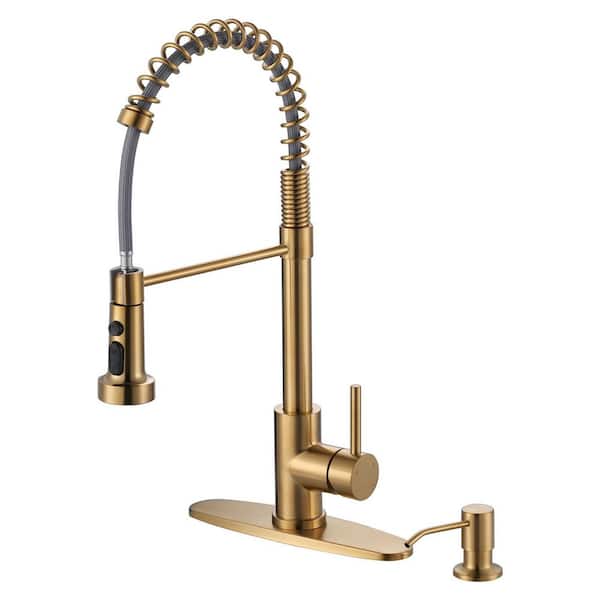 20.3 in. Single Handle Pull Down Kitchen Faucet with Soap Dispenser and 360° Spout Swivel in Brushed Gold
