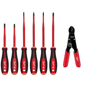 1000-Volt Insulated Slim Tip Screwdriver Set with 12-24 AWG Adjustable Compact Wire Stripper and Cutter (7-Piece)