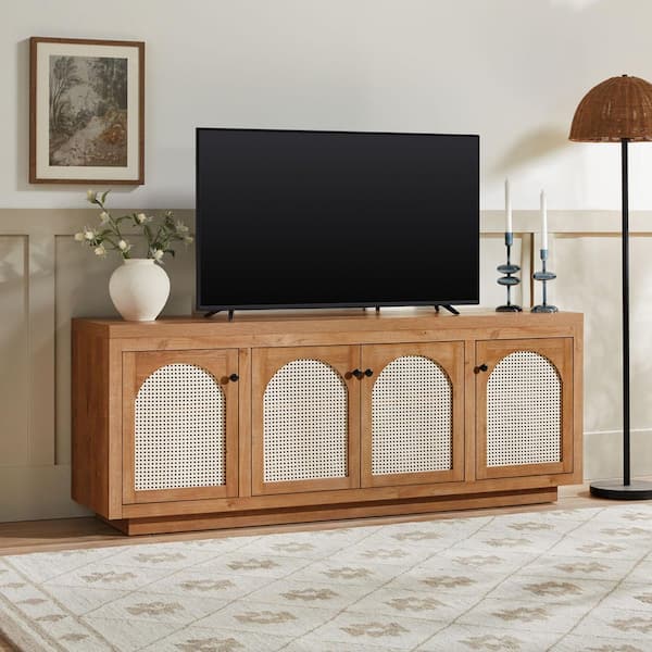 Contemporary 70 in. English Oak TV Stand with 4 Rattan Doors (Max TV size 80 in. )