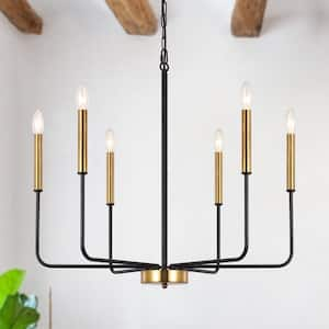 6-Light Black/Gold Classic Farmhouse Candle Style Chandelier for Living Room with No Bulbs Included