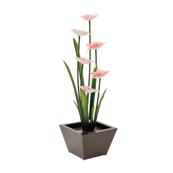 Metal Sculptural Multi-Tiered Flower Water Fountain, Multicolored, 39 in. Tall, with LED Lights