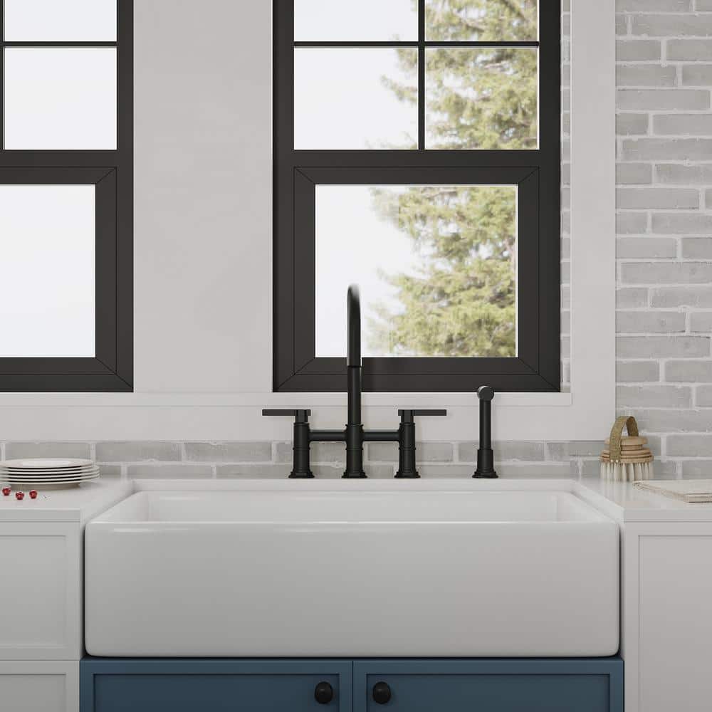 Modern Black Double Handle Bridge Kitchen Faucet with Side Sprayer