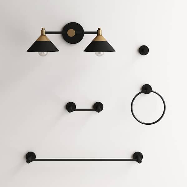 Nathan James Richie Vintage 19 in. 2-Light Black Bathroom Vanity Light Fixture and 4-Piece Black Metal Bathroom Accessory Set