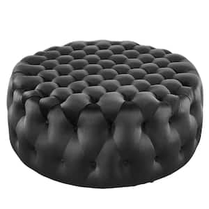 Amour Tufted Button Large Round Performance Black Velvet Ottoman