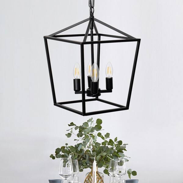YANSUN 4Light Black Lantern Caged Metal Pendant with Black Candle