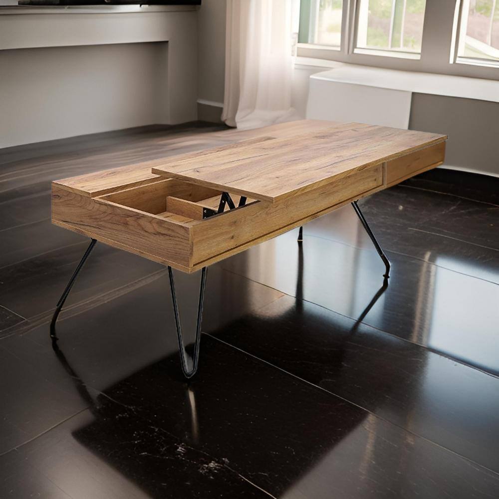 Natural Brown Wood Lift-Top Coffee Table with Storage