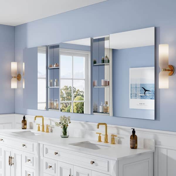 96 in. W x 36 in. H Rectangular Polished Aluminum Tri-view Soft Close Medicine Cabinet with Mirror Combo Set, Reversible