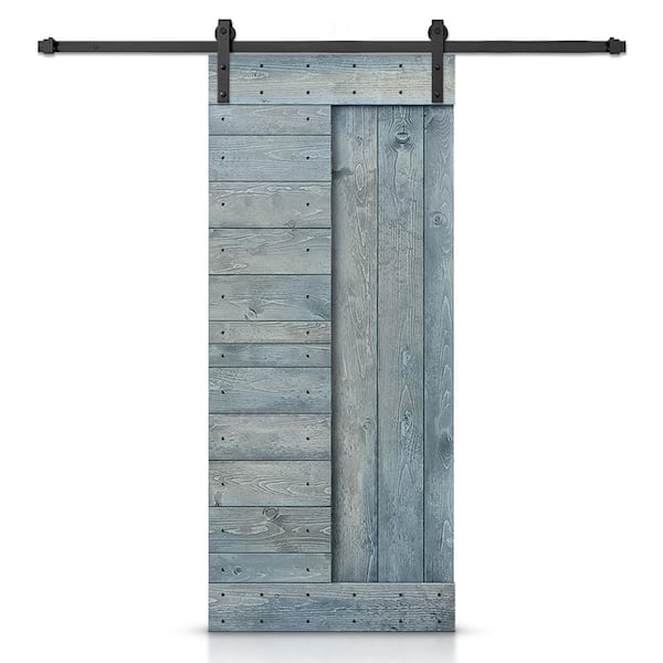 CALHOME 24 in. x 84 in. Denim Blue Stained DIY Knotty Pine Wood Interior Sliding Barn Door with Hardware Kit