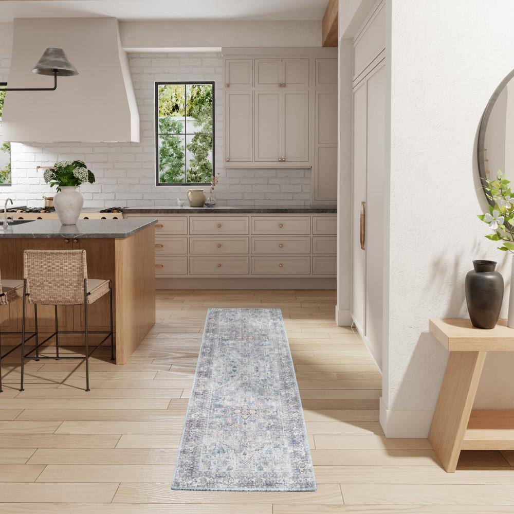 Light Grey/Blue Floral Cotton Chenille Reversible Area Rug 2'2" x 8'