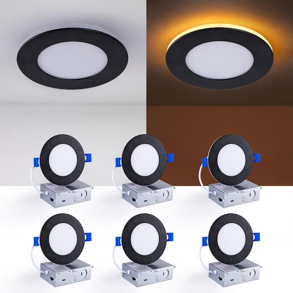 4 in. LED Recessed Light with Night Light, 5-CCT Selectable, Dimmable Canless Wafer Downlight, 9W, 6-Pack, Black