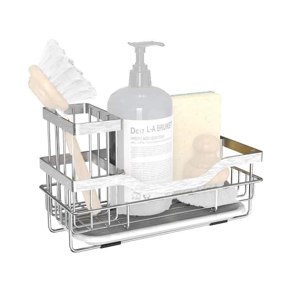 Silver Stainless Steel Kitchen Sink Sponge Organizer with Detachable Brush Holder Drain Tray Rustproof Design