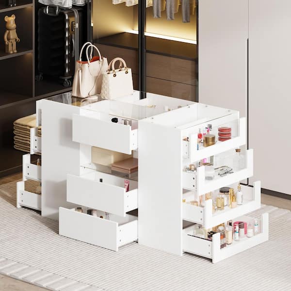 White Wood Island Armoire 47.2 in. W Jewelry Armoire with Glass Top, Multiple Storage Drawers, Double-Sided Glass Shelf