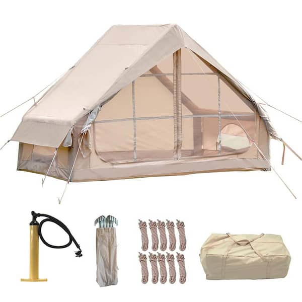 9.8 ft. x 6.6 ft. khaki Brown Waterproof Glamping Tent with Pump, 12 Mesh Window for 4-6 Person