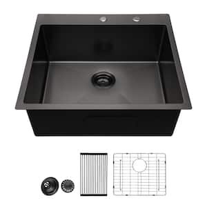 AKDY Matte Black Stainless Steel 25 in. x 22 in. Single Bowl Drop-In Kitchen  Sink with Accessories KS0517 - The Home Depot