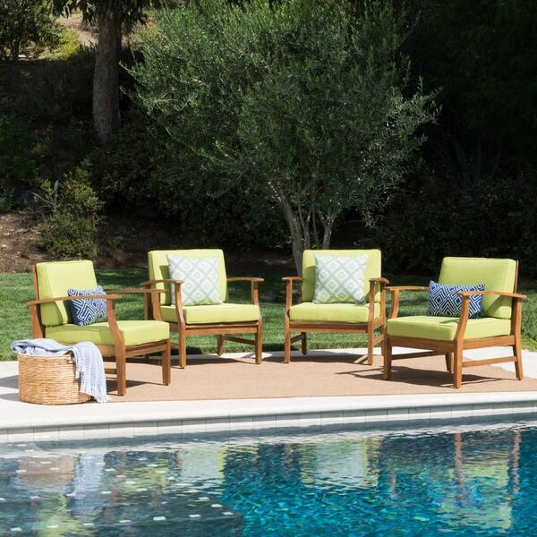 Noble House Giancarlo Stationary Wood Outdoor Lounge Chair with Green Cushions (4-Pack)
