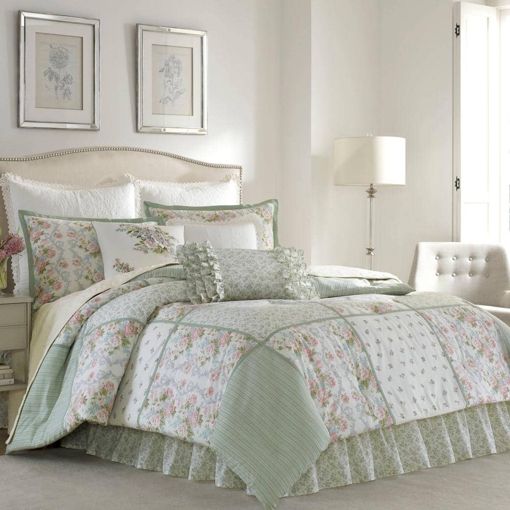 Laura Ashley Harper 4-Piece Jade Green Floral Cotton Queen Comforter Set - 1