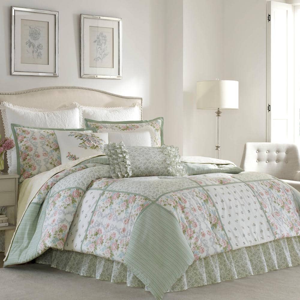 Laura Ashley Natalie 7-Piece Green Floral Cotton King Comforter Set 221649  - The Home Depot