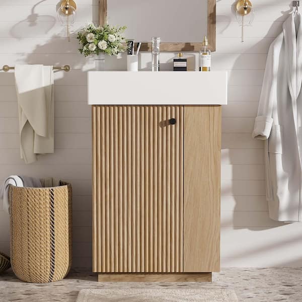 21.6 in. W Single Sink Modern Freestanding Left Door Wood Grain Bath Vanity with White Ceramic Top (Unassembled)