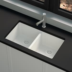 Stonehaven 33 in. Undermount 50/50 Double Bowl White Ice Granite Composite Kitchen Sink with White Strainer