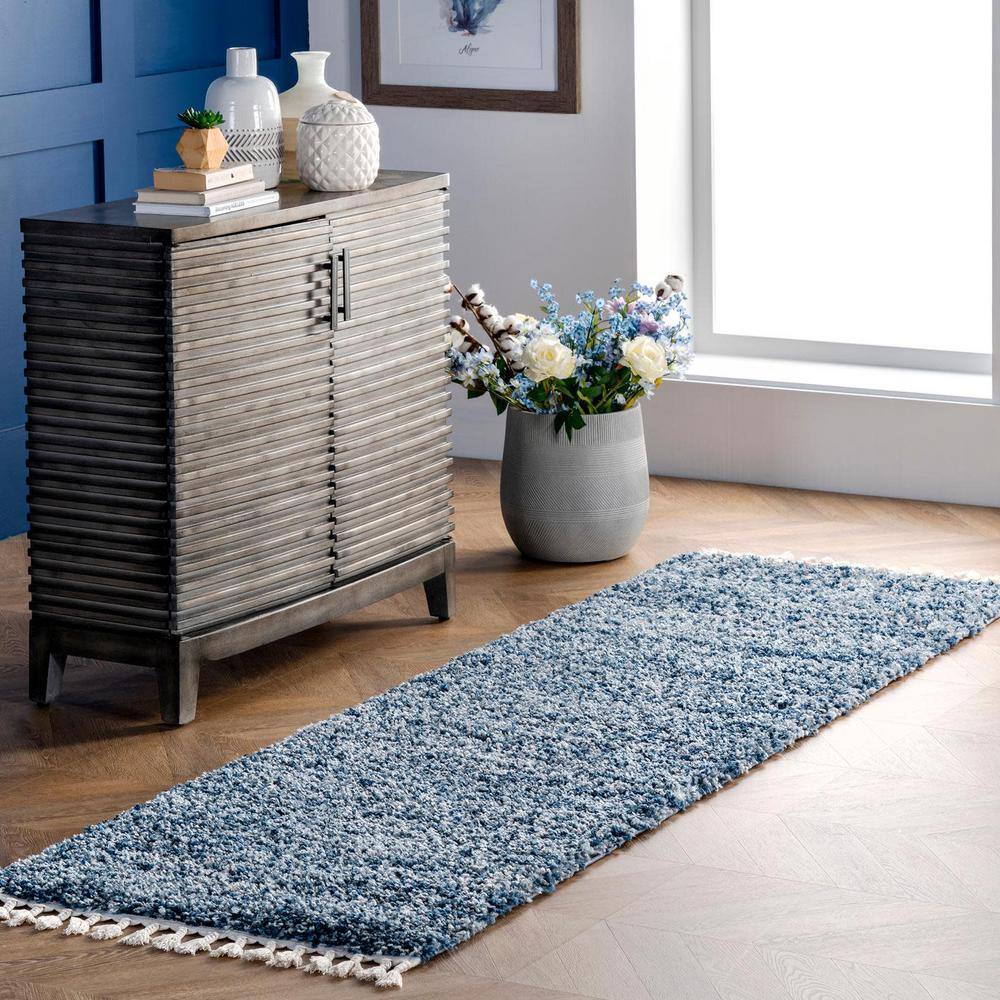 Brooke Blue and Ivory Shag Tasseled Runner Rug