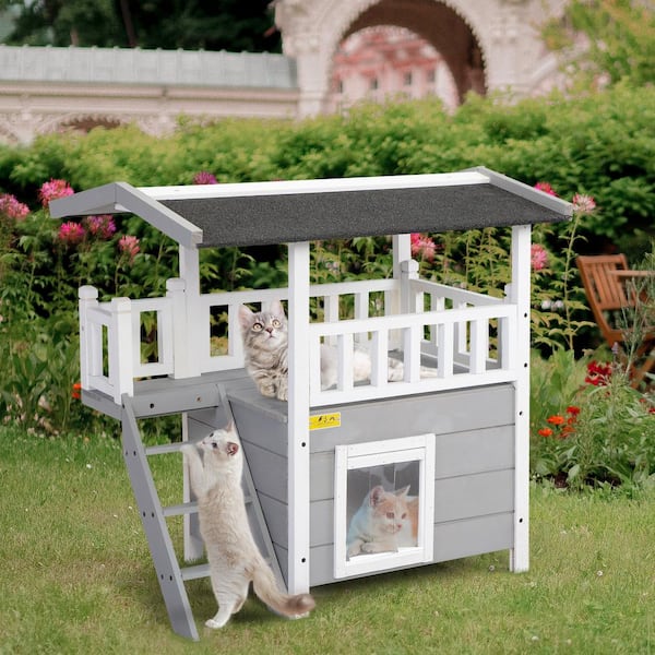 COZIWOW 2-Tier Wood Cat House Outdoor Pet Shelter Gray CW12R0299 - The Home  Depot
