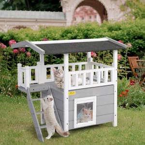 2-Tier Wood Cat House Outdoor Pet Shelter Gray