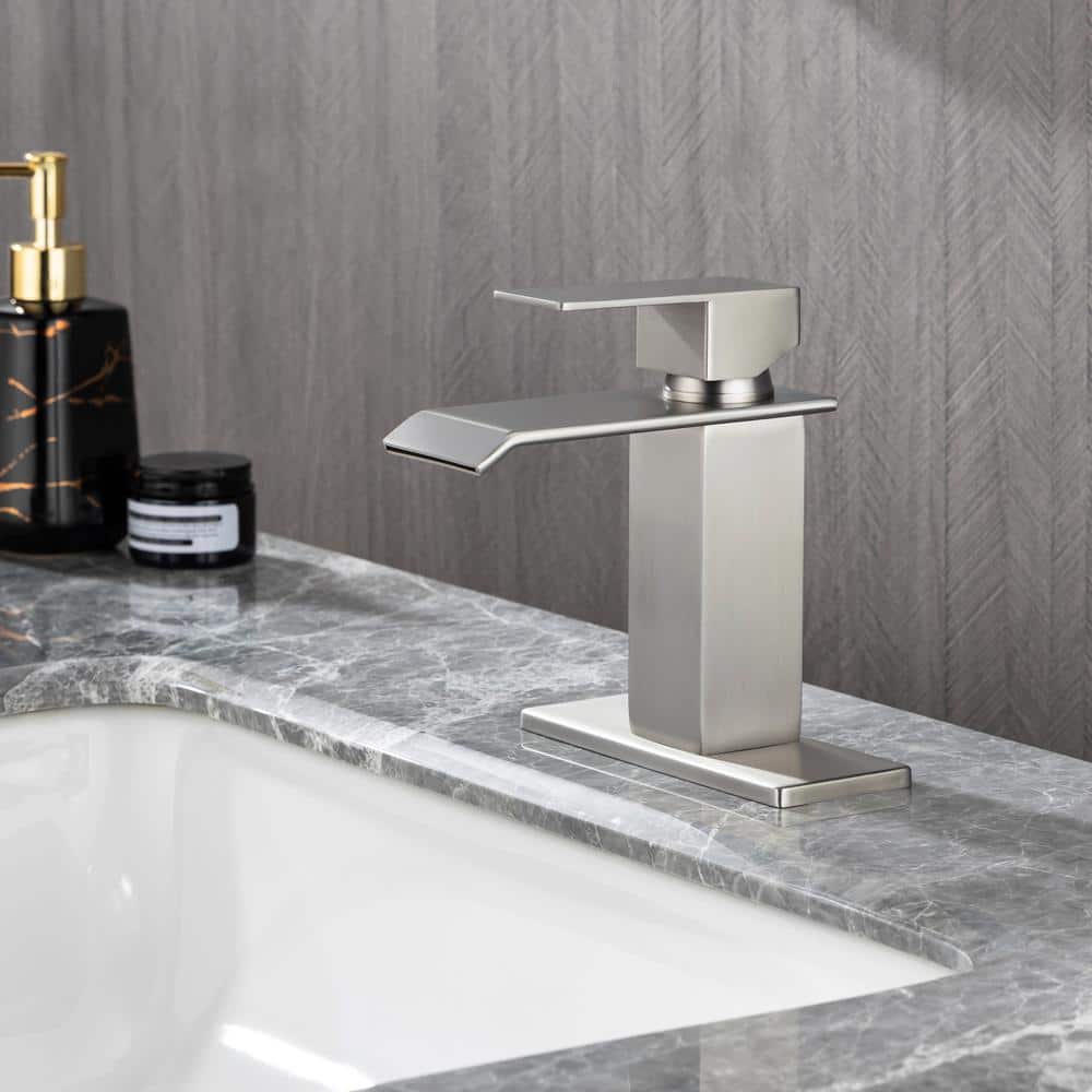 Brushed Nickel Waterfall Spout Bathroom Faucet with Drain Assembly