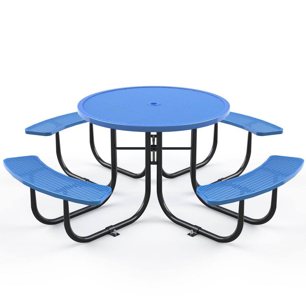 46 in. Blue Round Steel Picnic Table Seats 4 People with Umbrella Pole for Patio, Camp, School price history on PriceWatchPro