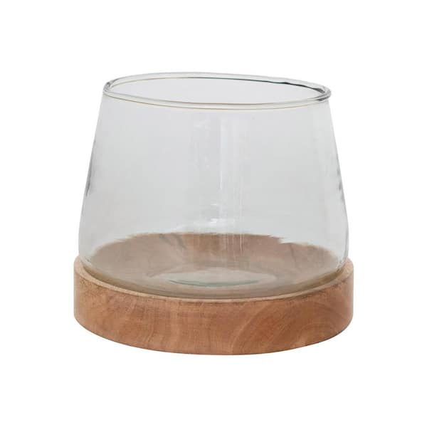 Storied Home Clear Glass Hurricane/Vase with Mango Wood Base