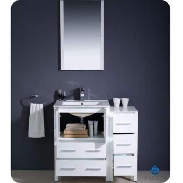 White Engineered Wood Freestanding Vanity Set with Mirror and Ceramic Sink