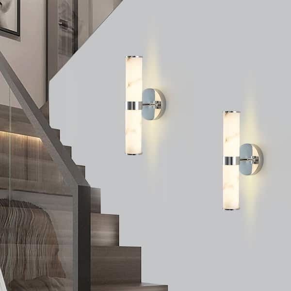 13.8 in. 2-Light Sliver LED Wall Sconce, Natural Alabaster Modern Wall Light for Bedroom, Bathroom, Living Room