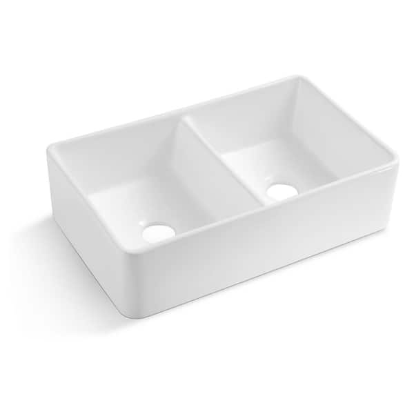 TOBILI 32 in. Farmhouse/Apron-Front Double Bowl Kitchen Sink white Ceramic with Bottom Grid and Basket Strainer