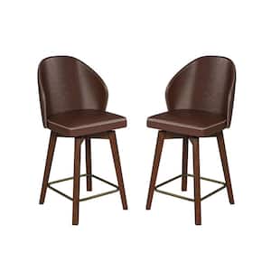 Lothar Mid-Century Modern Leather Swivel Stool Set of 2 with Solid Wood Legs-Brown