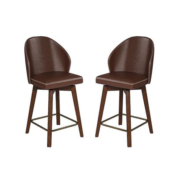 JAYDEN CREATION Lothar Mid-Century Modern Leather Swivel Stool Set of 2 with Solid Wood Legs-Brown