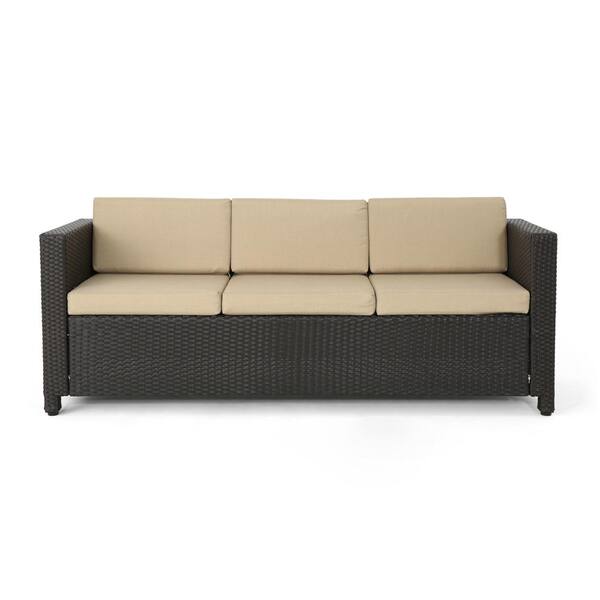 Unbranded Rattan Outdoor 3-Seater Brown Rattan and Iron Day Bed, Chaise Lounge with Cushion Guard and Rattan Arms, Beige Cushion