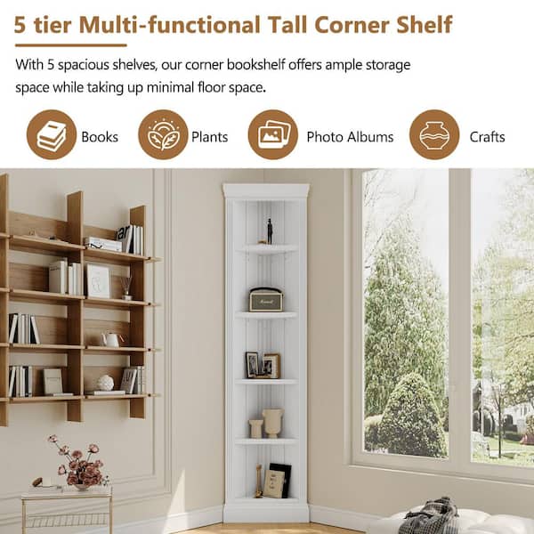 83.4 in. Tall White Wood 5-Shelf Standard Bookcase Open Corner Shelf for Living Room, Home Office