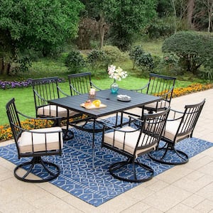 7-Piece Metal Patio Outdoor Dining Set with Rectangle Table and Swivel Stylish Chairs with Beige Cushion