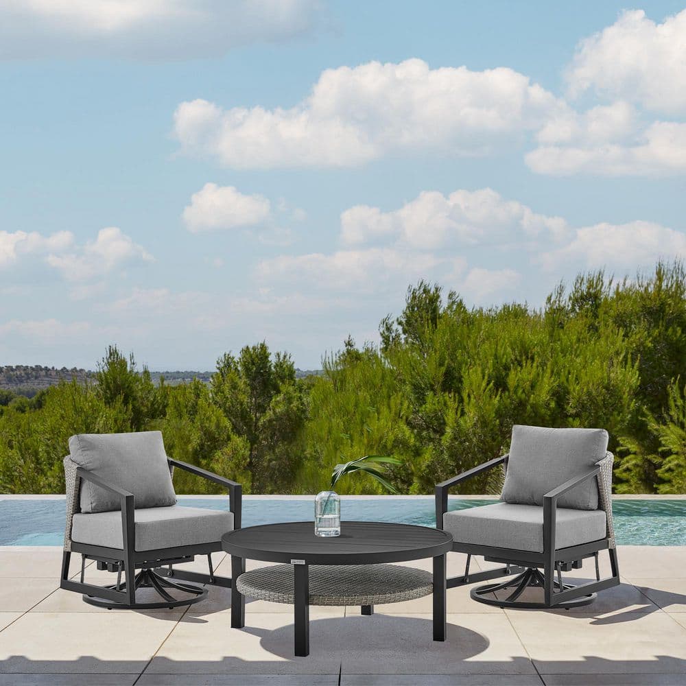Aileen Black 3-Piece Aluminum Patio Conversation Set with Dark Grey Cushion