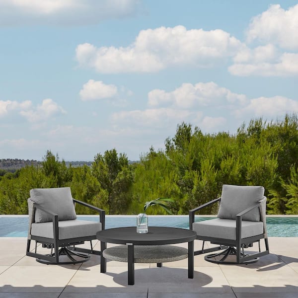 Armen Living Aileen Black 3-Piece Aluminum Patio Conversation Set with Dark Grey Cushions