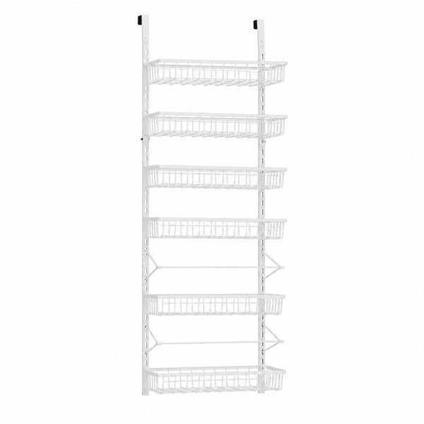 Over The Door White Pantry Organizer, 6-Tier Adjustable Hanging Baskets, Metal Wall Mount Spice Rack Seasoning Shelves