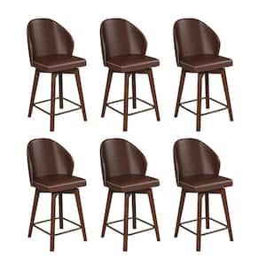Lothar Mid-Century Modern Leather Swivel Stool Set of 6 with Solid Wood Legs-BROWN