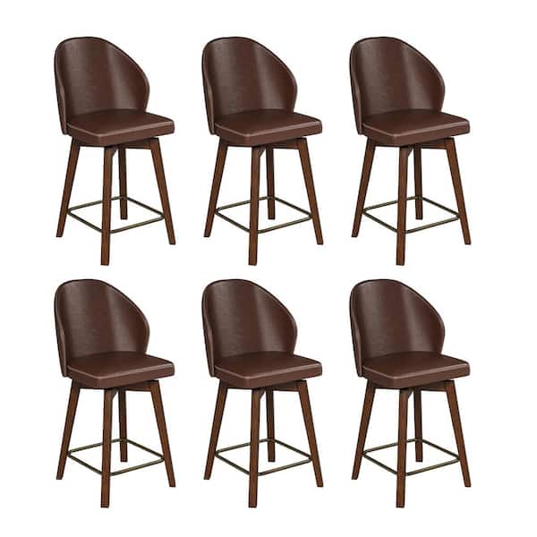 JAYDEN CREATION Lothar Mid-Century Modern Leather Swivel Stool Set of 6 with Solid Wood Legs-BROWN