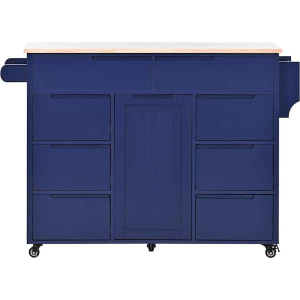 Boosicavelly Blue Rubber Wood MDF Kitchen Cart with Spice Rack and Locking Wheels