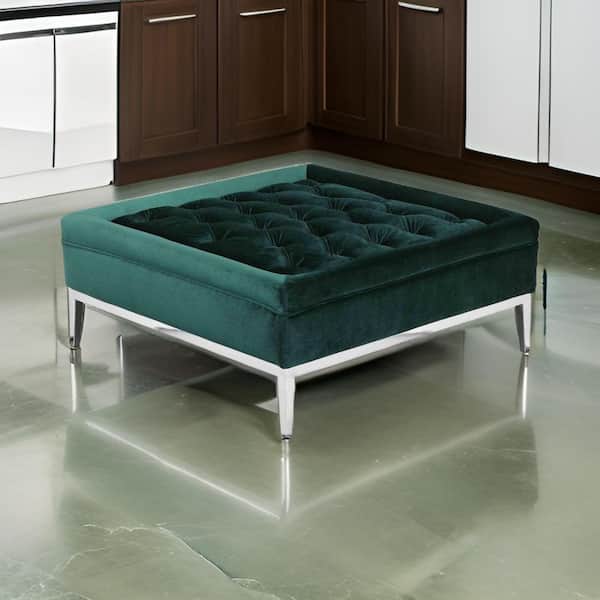 Benjara Green and Chrome Velvet Square Accent Ottoman Medium