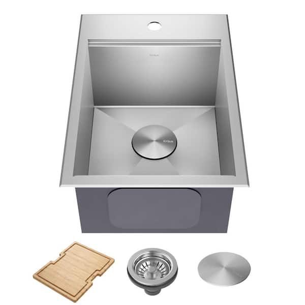 KRAUS Kore 15 in. Drop-In Single Bowl 16 Gauge Stainless Steel Kitchen Workstation Bar Sink with Accessories