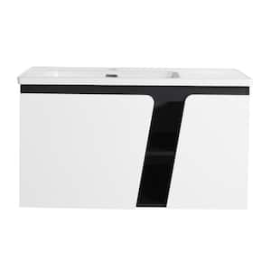 36 in. W x 20 in. D x 20 in. H Single Sink Wall Mounted Bath Vanity in Black Plus White with White Ceramic Top