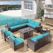 13-Piece Wicker Patio Conversation Set with 55000 BTU Gas Fire Pit Table and Glass Coffee Table and Cushions Blue