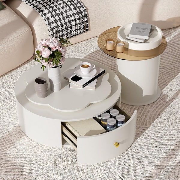 27.5 in. Off White Round Wood Coffee Table Set with 360° Rotatable Top, 2 Drawers, Glass Top End Table (Set of 2)