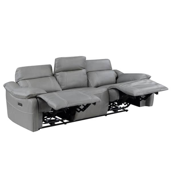 Alpine 90.5 in. Wide Pillowtop Round Arm Leather Modern Straight Dual Power  Reclining Sofa in Gray