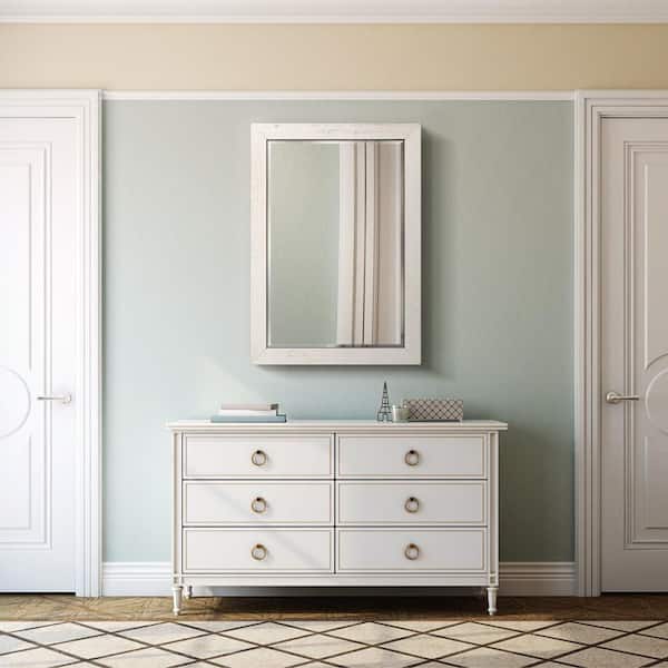 29 in. W x 41 in. H Framed Rectangle Beveled Edge Wood Mirror in Rustic White